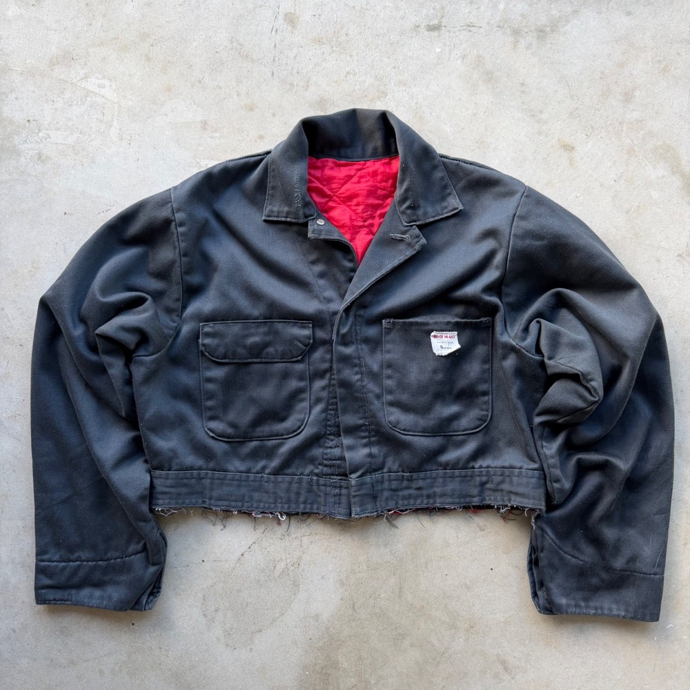 Vintage Big Mac Penneys Chopped Thrashed Work Jacket Black Red Quilt Lined Crop